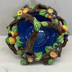 Vintage Japan Ceramic Centrepiece Basket Decorative Rim of Fruit and Flowers